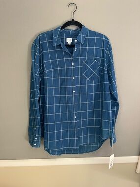 NWT A New Day Blue Plaid Button Down Shirt 100% Cotton Long Sleeve Large